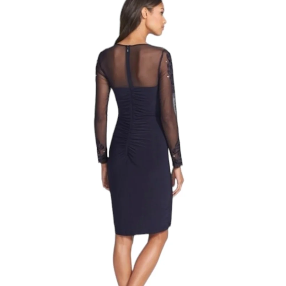 New XSCAPE navy Dress knit party dress illusion Lace neckline long sleeves sz 4 - Picture 2 of 11